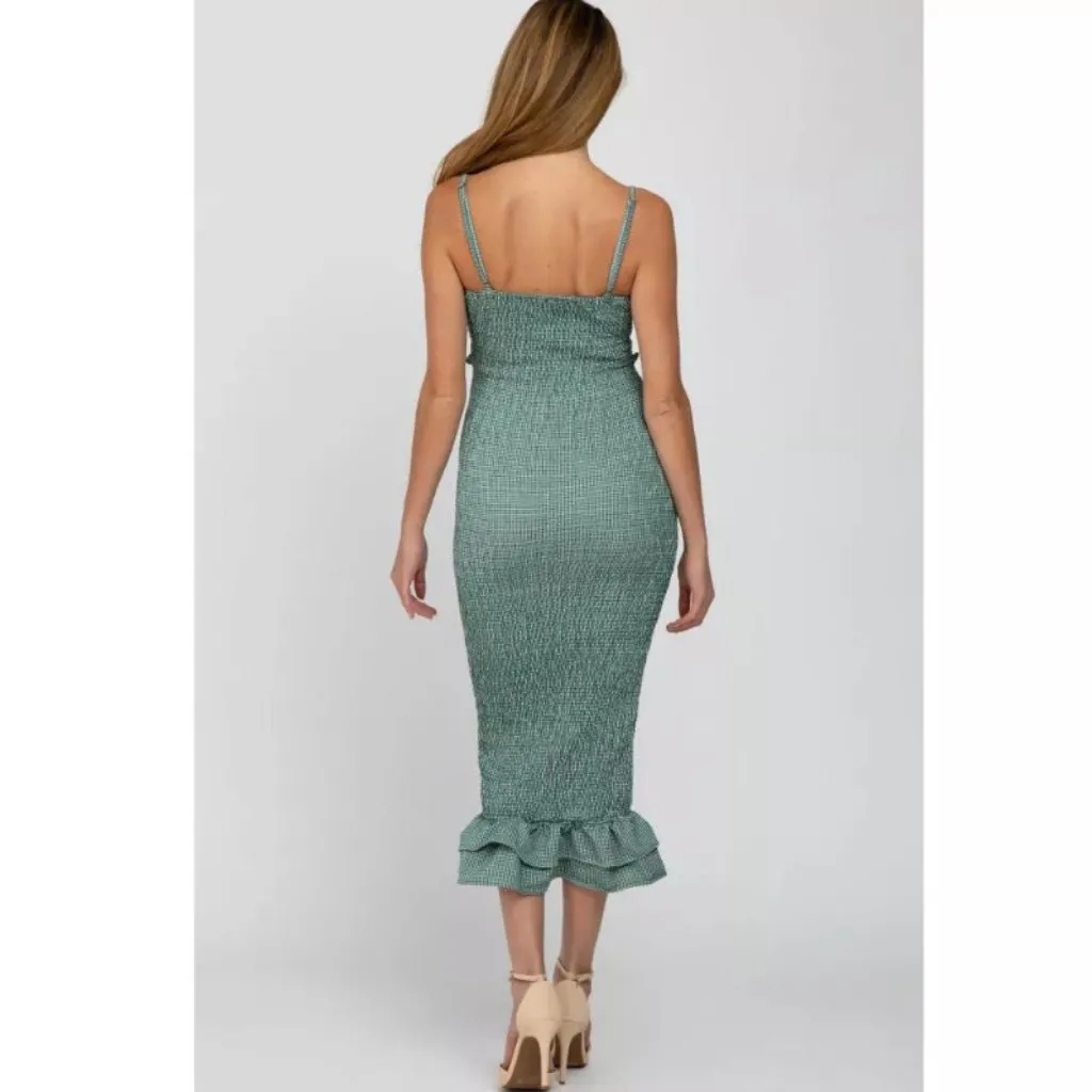 Pinkblush Mable Green Gingham Smocked Fitted Self-Tie Maternity Midi Dress S - Image 4