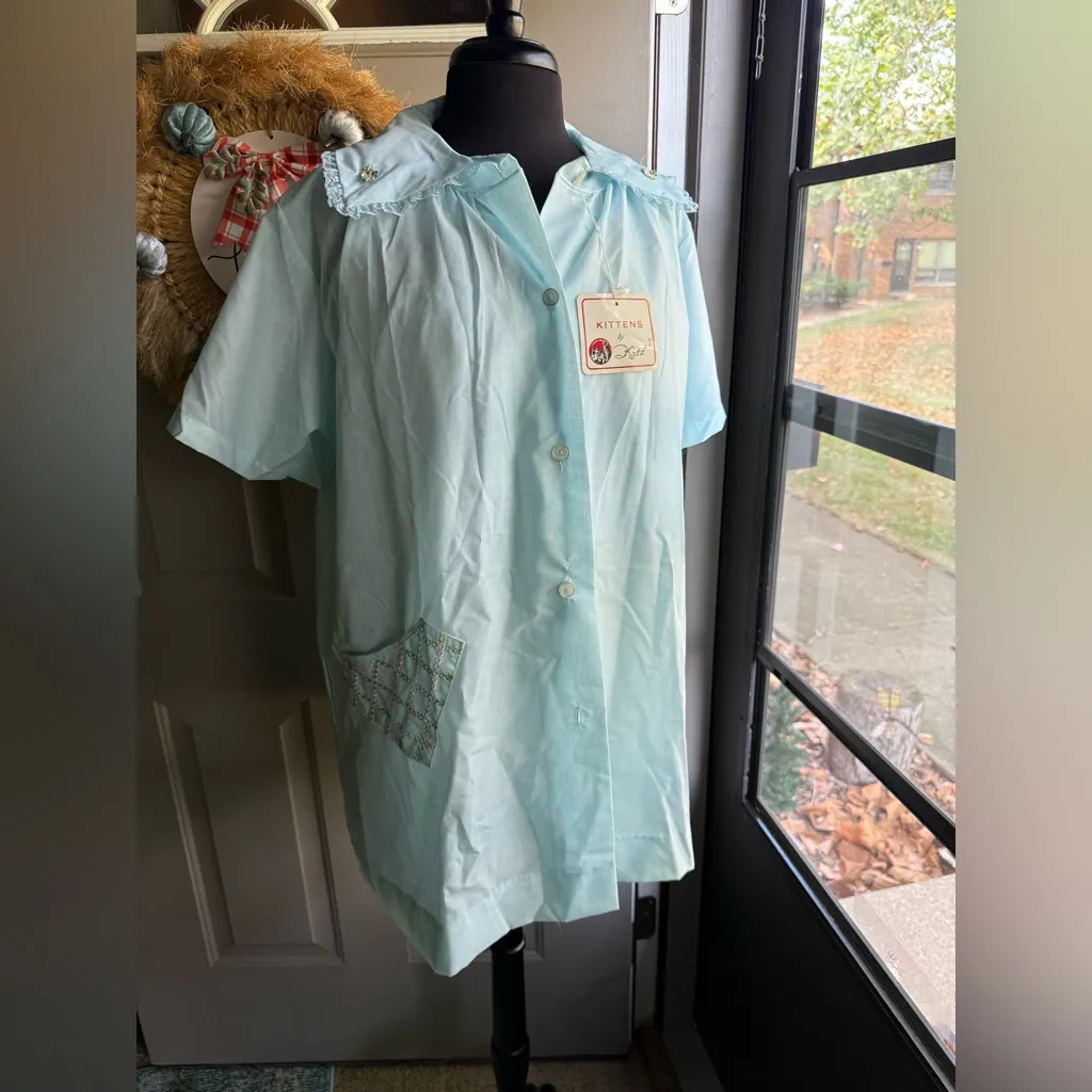Vintage NOS 60s Katz Kittens cotton eyelet lace nightgown robe set, size medium Blue - Image 5