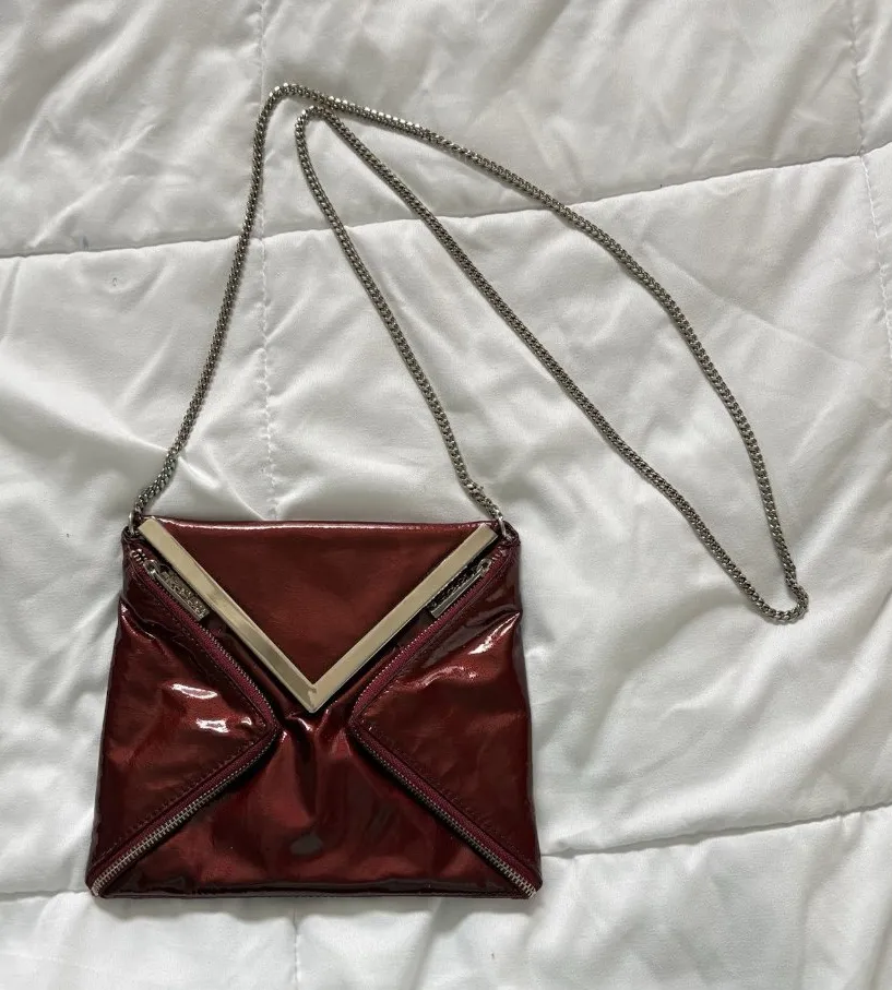 KOOBA Envelope Style Patent Leather Clutch Crossbody Shoulder Chain Dark Red - Image 1