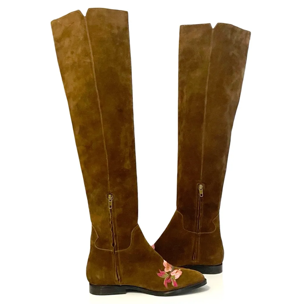 ASH Jess Russet Suede Over the Knee Boots Floral Embroidery Flat Riding EU 40 - Image 8