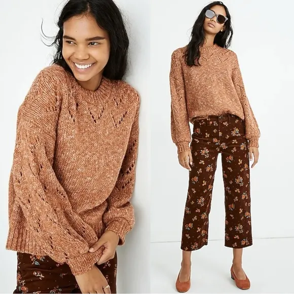 Madewell Pointelle Bubble-Sleeve Pullover Sweater in Marled Acorn Brown Small - Image 2