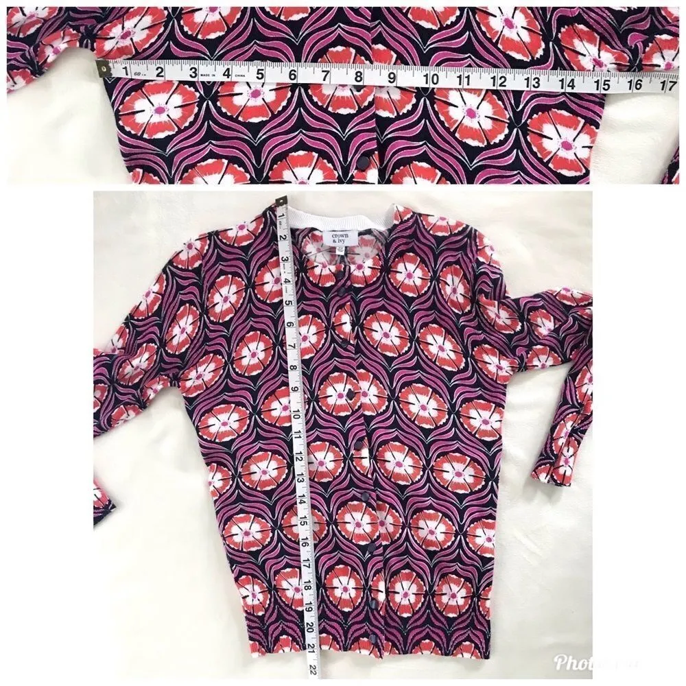 CROWN & IVY Floral Print Cardigan Button‎ Front Stretch Cotton Purple Orange XS - Image 6