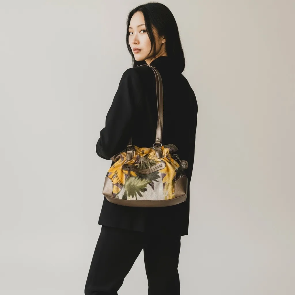 Vintage Floral Shoulder Tote Bag Purse Gray & Gold Extra Large Y2K Yellow - Image 6