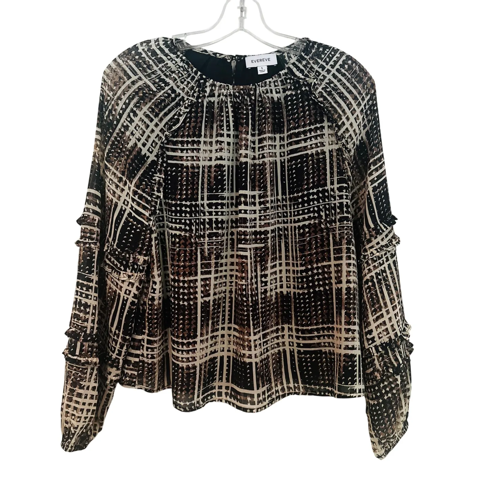 Evereve Miley Plaid‎ Chiffon Blouse Women's Small Black Career Feminine Dainty - Image 7
