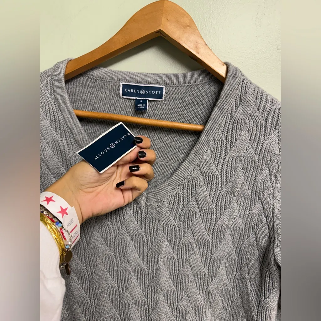 Karen Scott Heather Gray V-Neck Sweater - Image 3