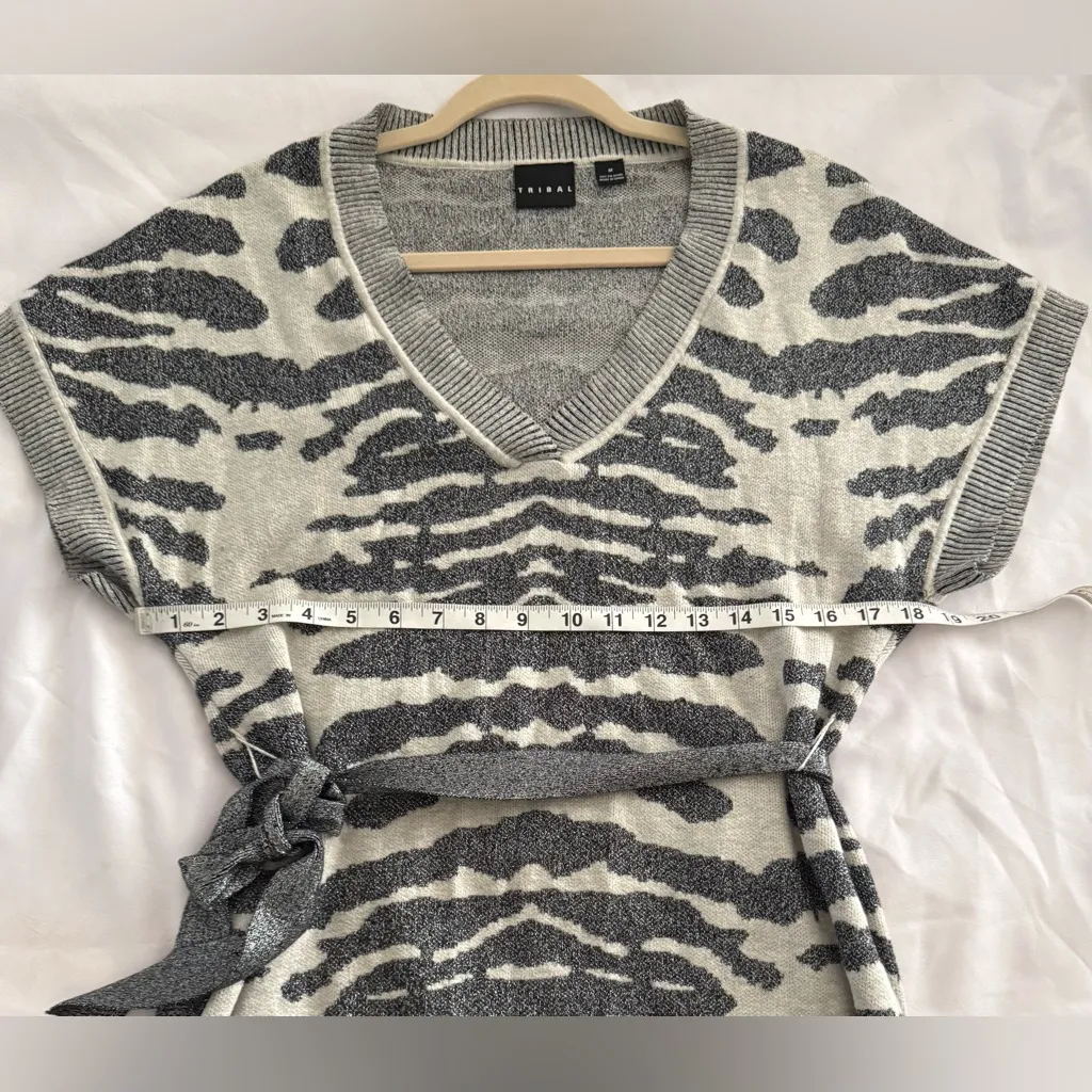 Tribal Sweater Dress Womens M Silver Gray Zebra Print Belted Tunic Top Size M - Image 8