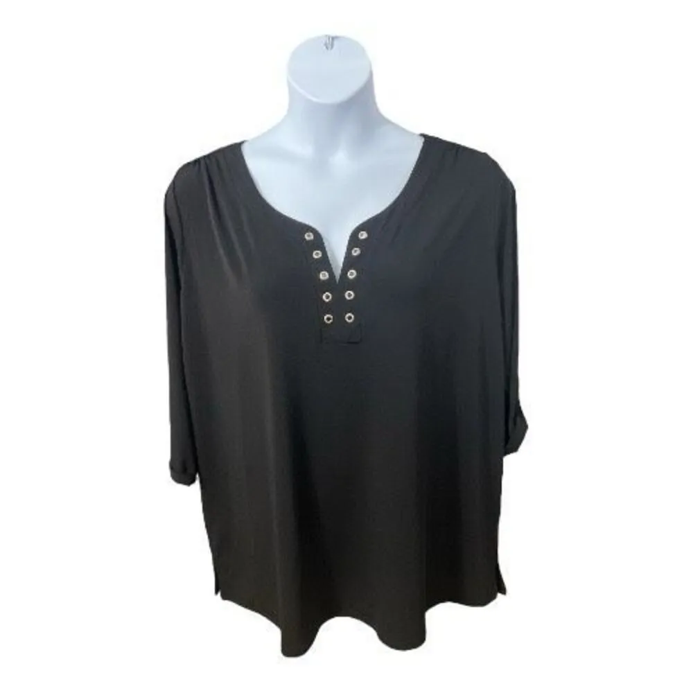 Premise Studio  Black Gold Eyelet Vneck Blouse Plus Size 2X Pullover 3/4-Sleeve - Image 2