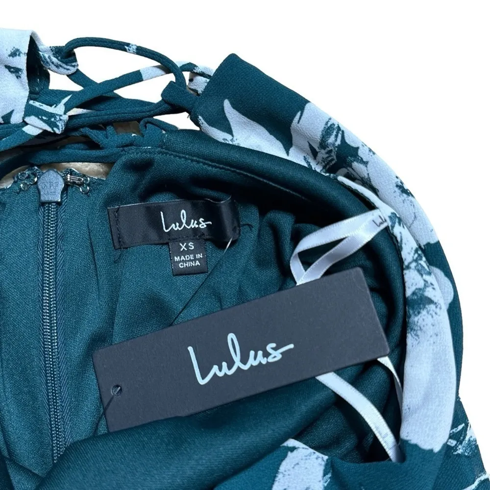 Lulu’s Flirtatious Essence Emerald Green Floral Lace Up Midi Dress US XS - Image 5