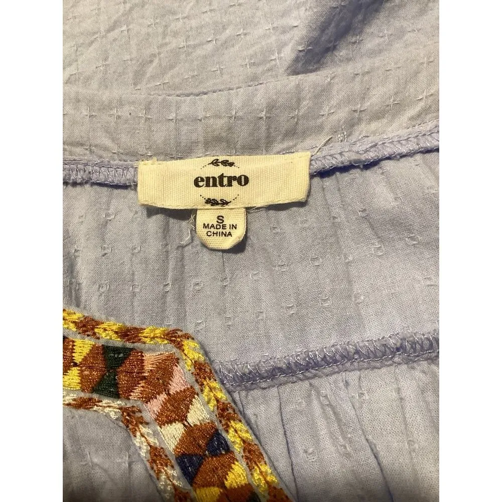 ENTRO Peasant Flutter Sleeve Blue Top Boho Cottagecore 100% Cotton Small - Image 6