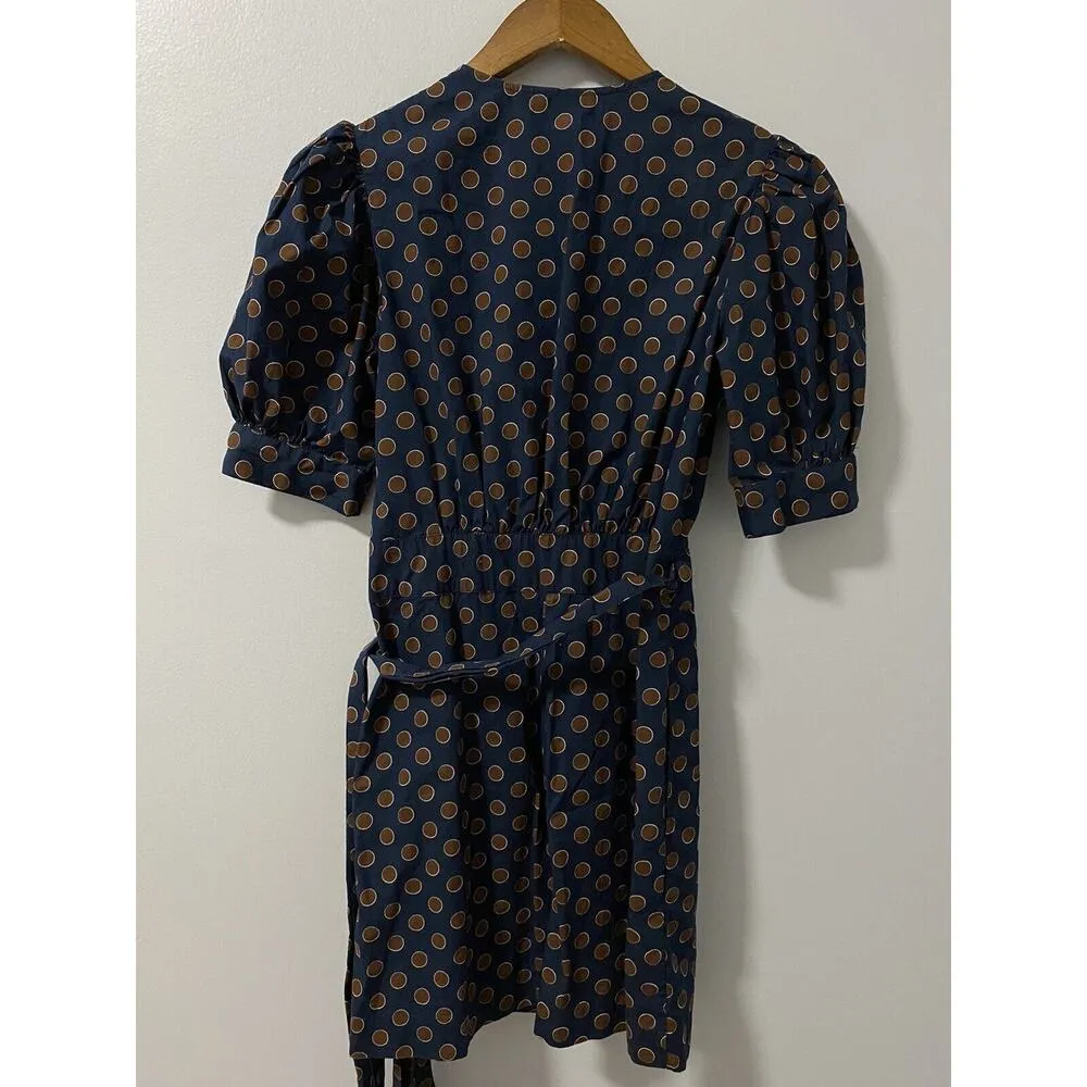 NWT Happy X Nature Polka Dot Wrap VNeck Dress $98 100% Cotton Brown Navy Blue XS - Image 11