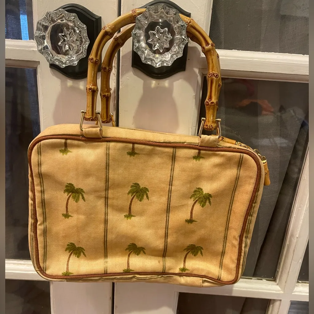 Celebrity palm tree make up cosmetic bag with faux wood straps vintage looking Tan - Image 5