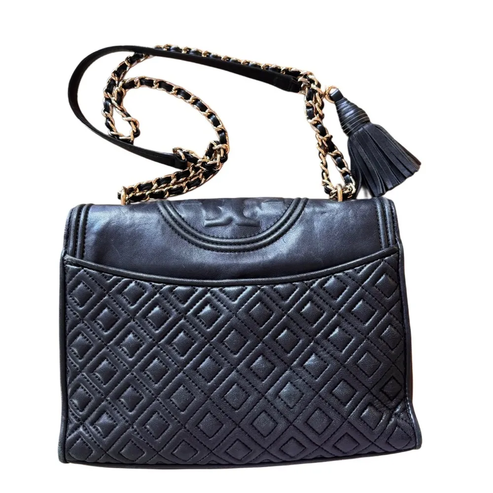 Black Tory Burch Fleming Convertible Bag Quilted Leather Crossbody or Shoulder - Image 2