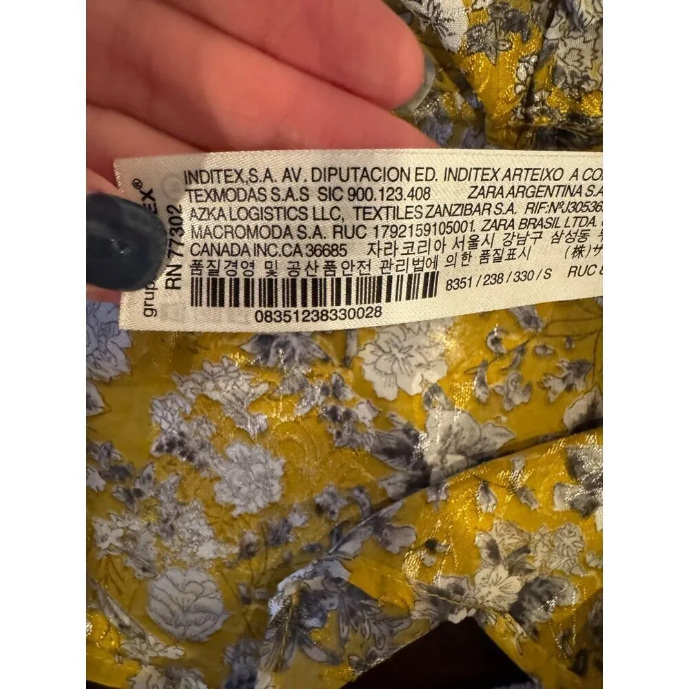 Zara Shirt Women Small‎ Yellow Floral Print Jacquard Ruffle Front Blouse Boho - Image 10