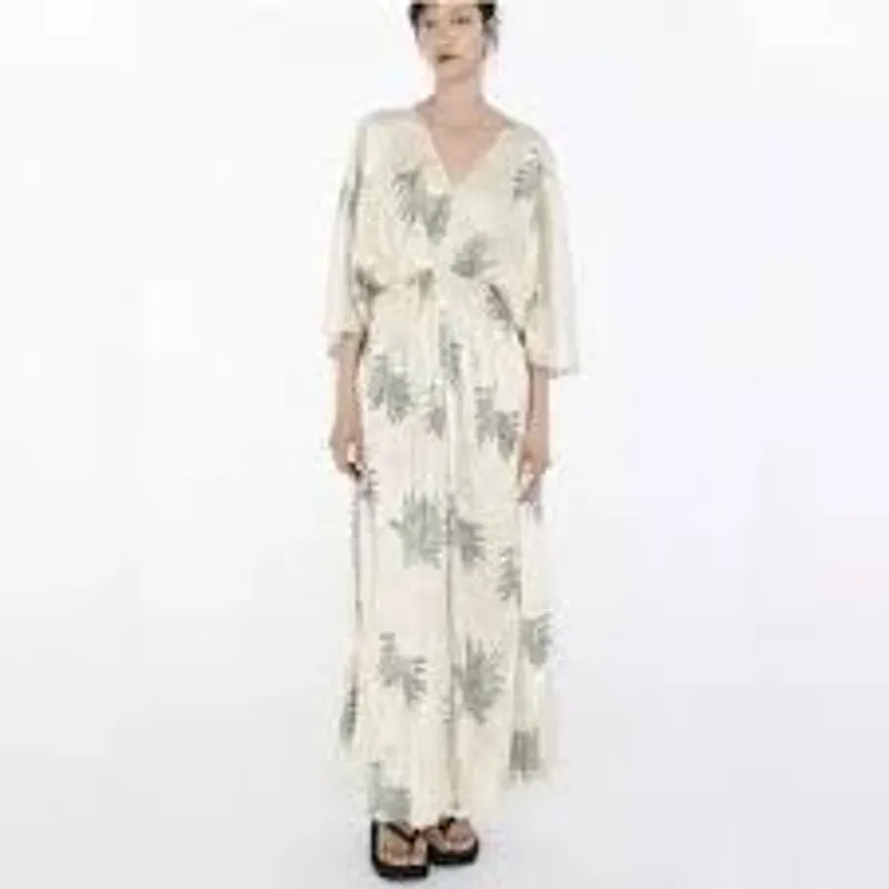 ZARA Wrinkle Effect Satin Maxi Kaftan Dress Ecru Sage Green Size S NWT - Image 14