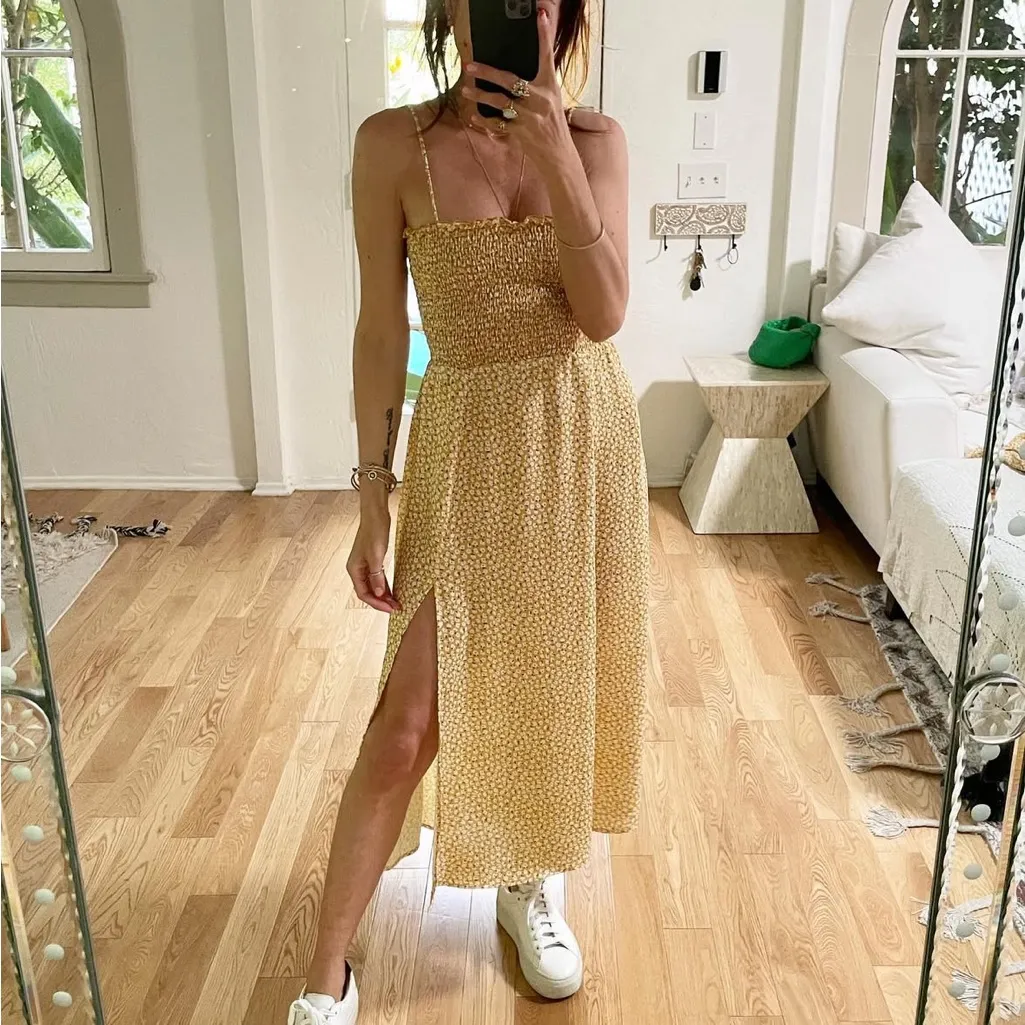 RESA Ashley Midi Slip Dress M Yellow Ditsy Floral Smocked Slit Size M - Image 13