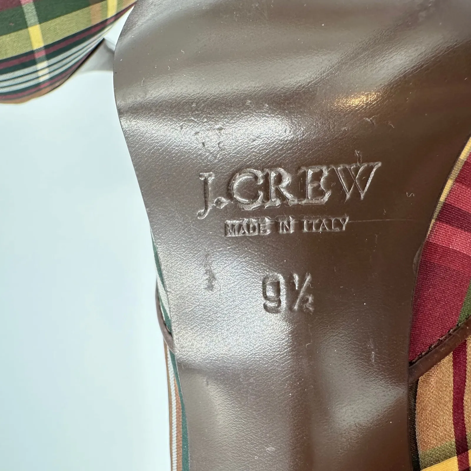 J. Crew Plaid Peep Toe Heels Brown Red Green Chain Detail Stiletto Size 9.5 - Image 7
