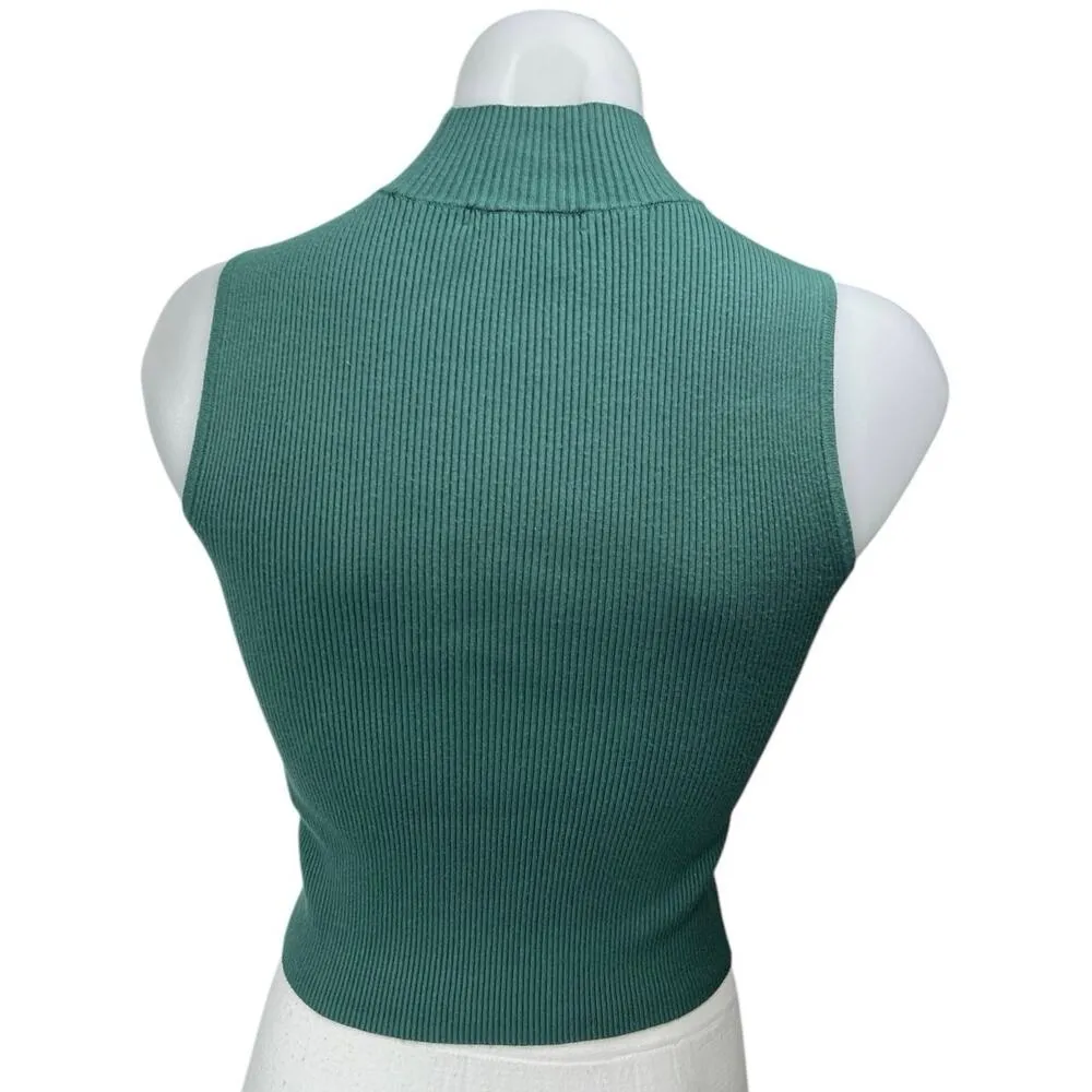 Madewell Green Ribbed Knit Sleeveless Turtleneck Cropped Sweater Tank Top Sz XS - Image 2