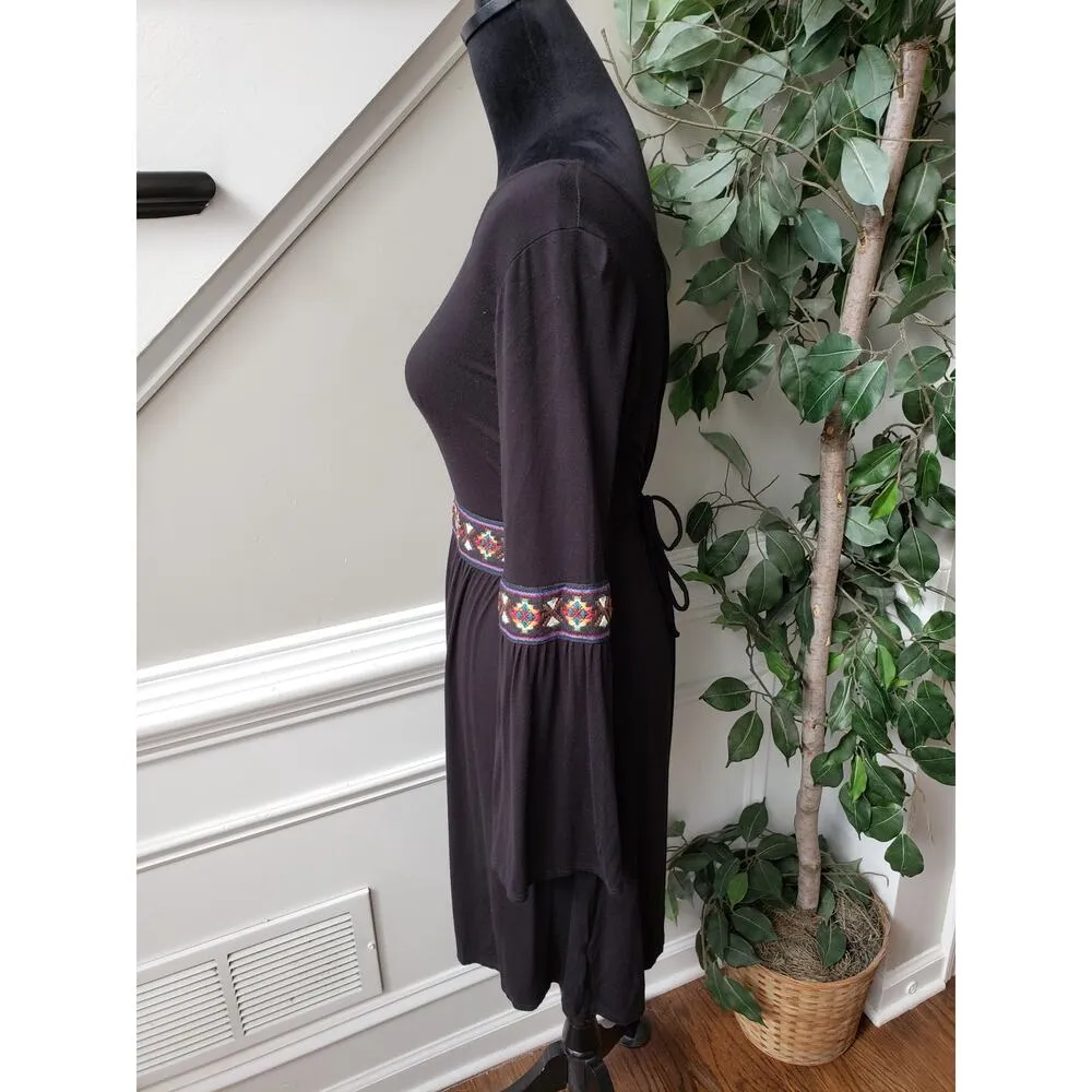 Peppermint Fit & Flare Dress Women M Black Rayon Embroidered Belted Boat Neck - Image 13