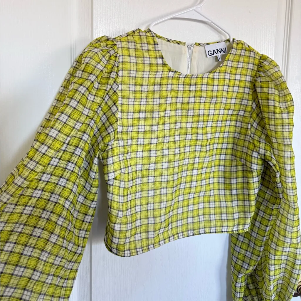 Ganni Organza Plaid Puff Sleeve Crop Top in Sulphur - Image 4