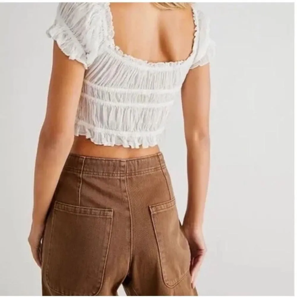 Free People One Cheri Crop Top Womens XS White Smocked Ruffled Boho - Image 6