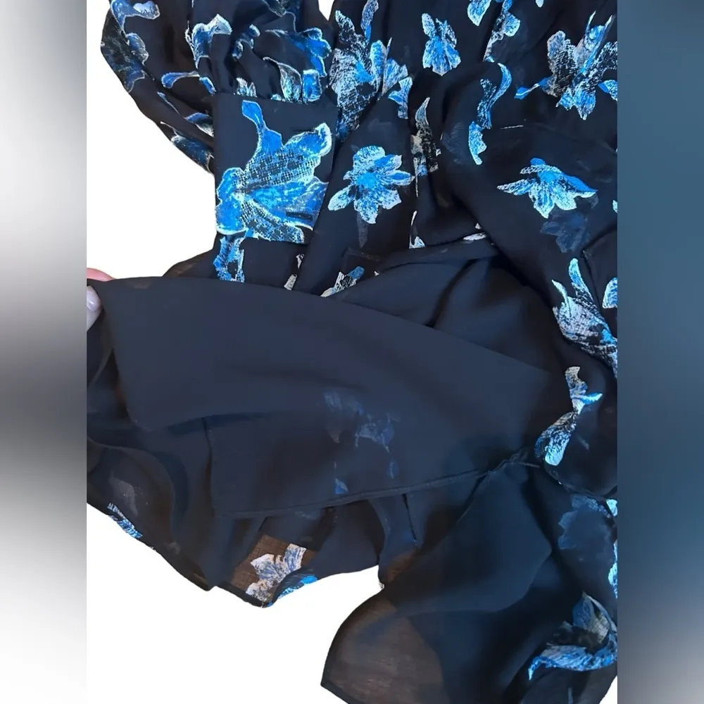 Diane Von Furstenberg Blue Floral Orchid Silk Burnout Long Sleeve Blouse V Neck - Image 10