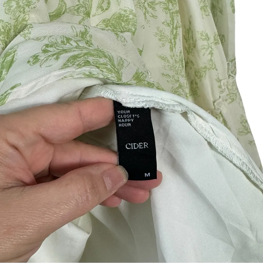 CIDER Green White Floral Ruffle Hem Bow Knot Back Mini Peasant Dress Size M - Image 7
