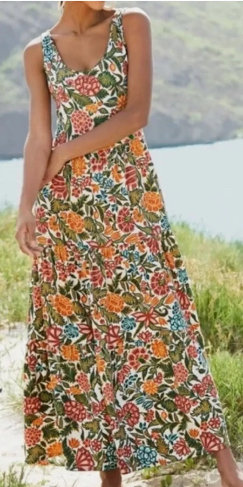 Peruvian Connection Carnaval Dress Maxi Tiered Jersey Floral Print Size Large - Image 1