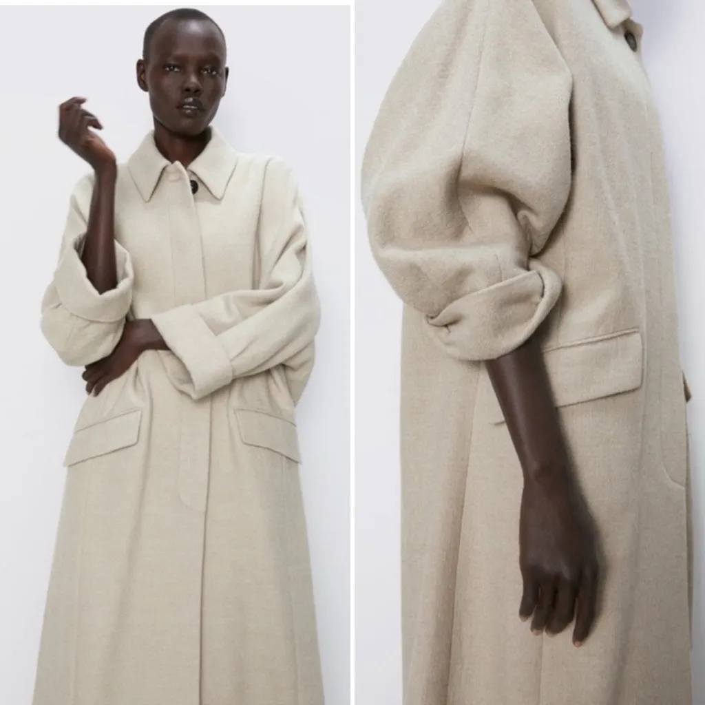 Zara Oversized Neutral Beige Wool Blend Trench Coat Duster Jacket Size Small - Image 2