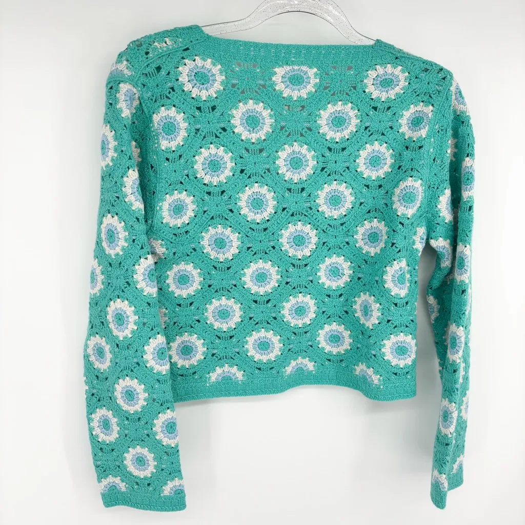 Crochet Knitted Long Sleeve Floral Cardigan Sweater Teal Crop Size Small Green - Image 8