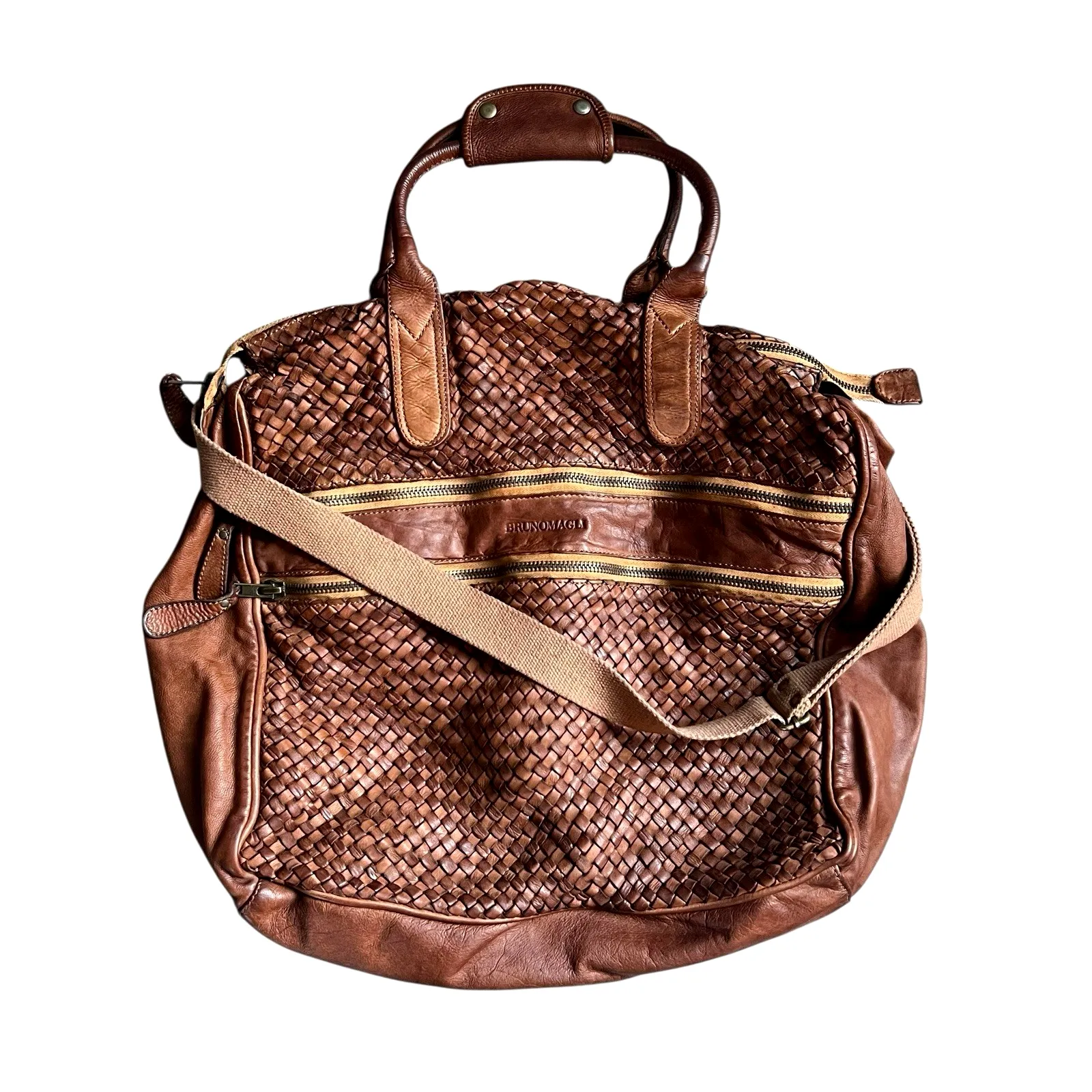 Bruno Magli Woven Leather Satchel Weekender Travel Bag Cognac Brown - Image 2