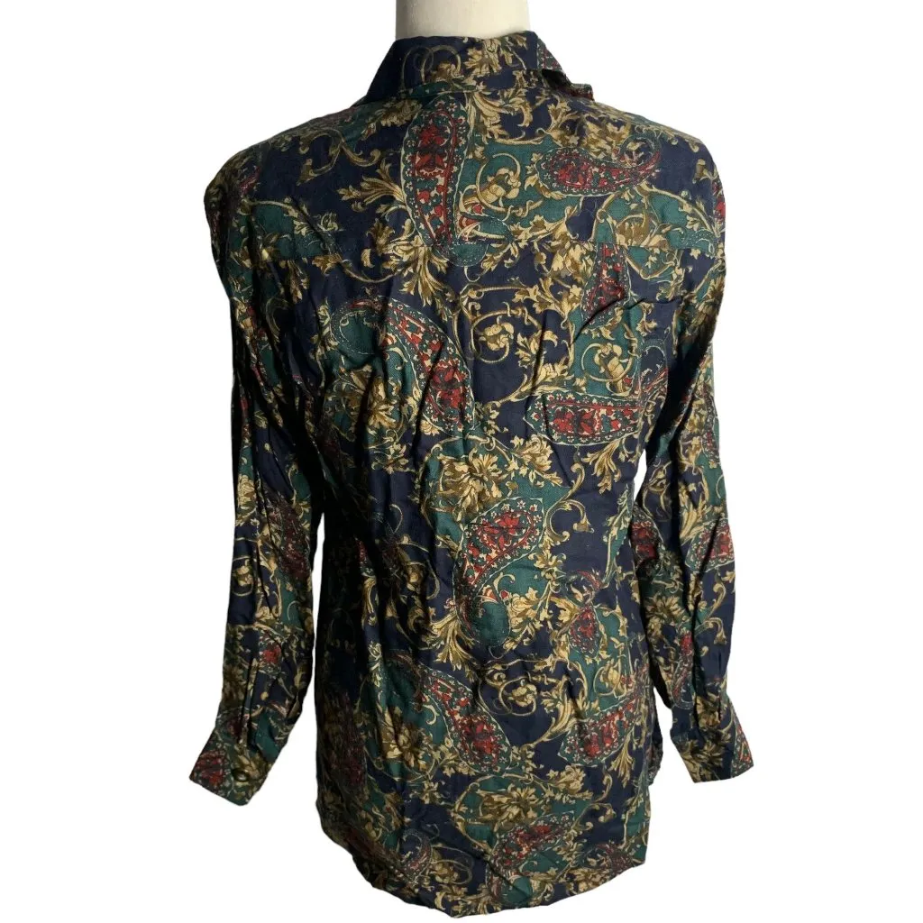 Vintage 90s Button Down Paisley Shirt S Navy Blue Collared Pocket Long Sleeves - Image 4