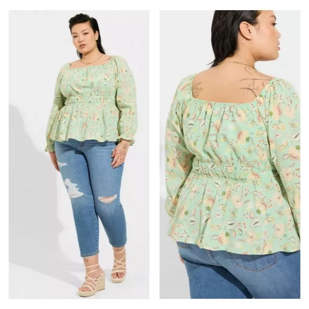Torrid Cotton Clip Dot Blouson Long Sleeve Smocked Peplum Top 1XL Green Floral - Image 2