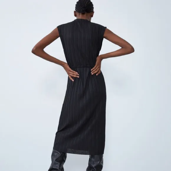 Zara High Neck Crepe Dress with Tie at Waist in Black . NWT - Image 4