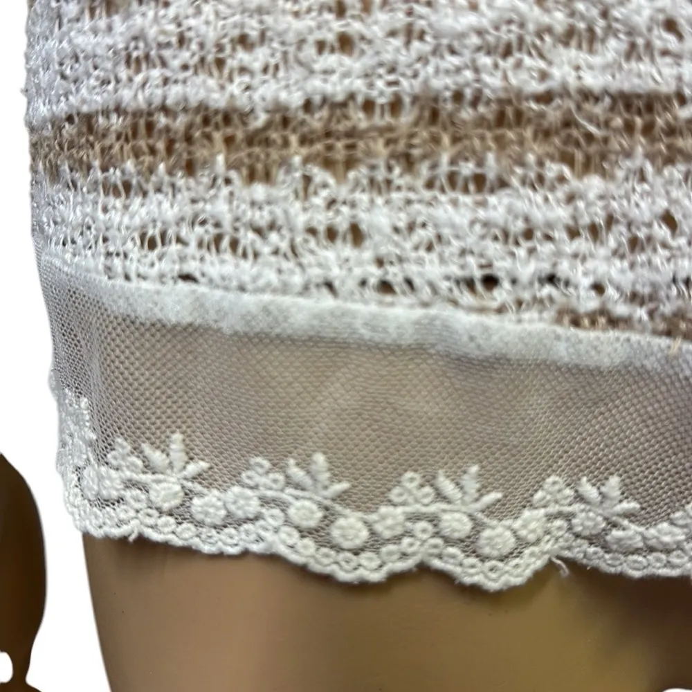 Agenda Scoop Neck Sleeveless Crochet Knit Lace Hem Tank Top Tan Striped Small - Image 3