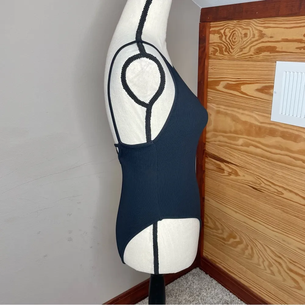 Trafaluc Black Ribbed Low Cut Open Back Spaghetti Strap Bodysuit Medium - Image 2