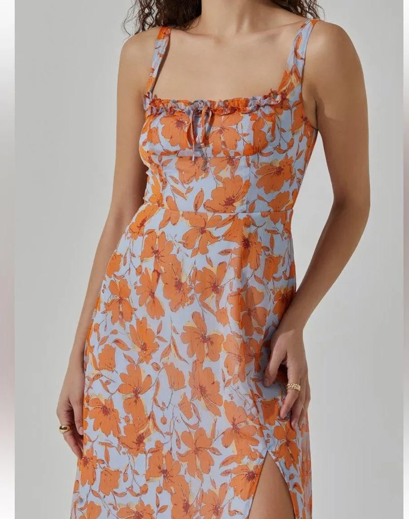 Astr The Label Medium Orange Blue Floral Square Neck Midi Dress - Image 3