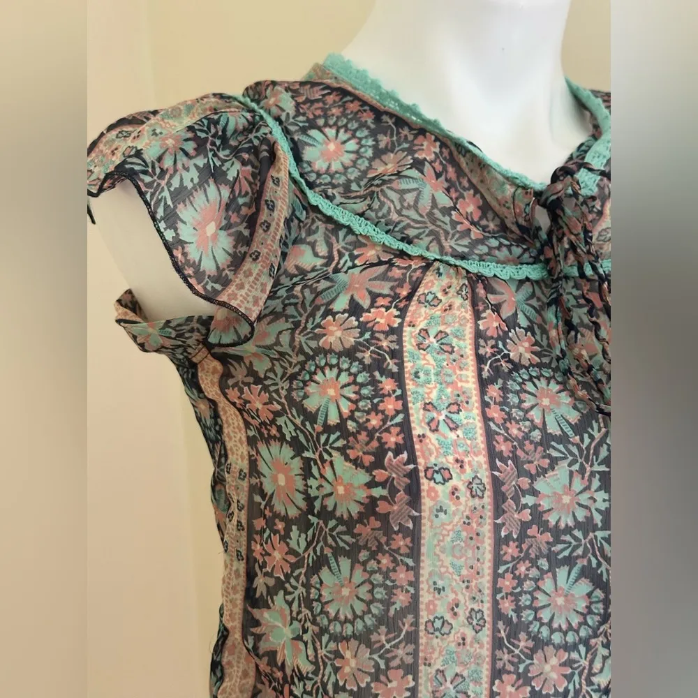 GLOBUS Green Blue Pink Cream Floral Print Sheer Sailor Collar Cap Sleeves Sz XS - Image 2