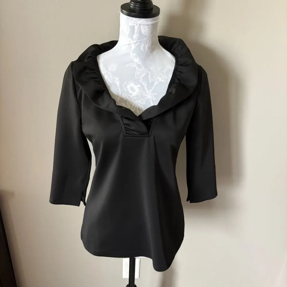 Gretchen Scott Stand Collar Ruffle Top Black Blouse Size Small - Image 2