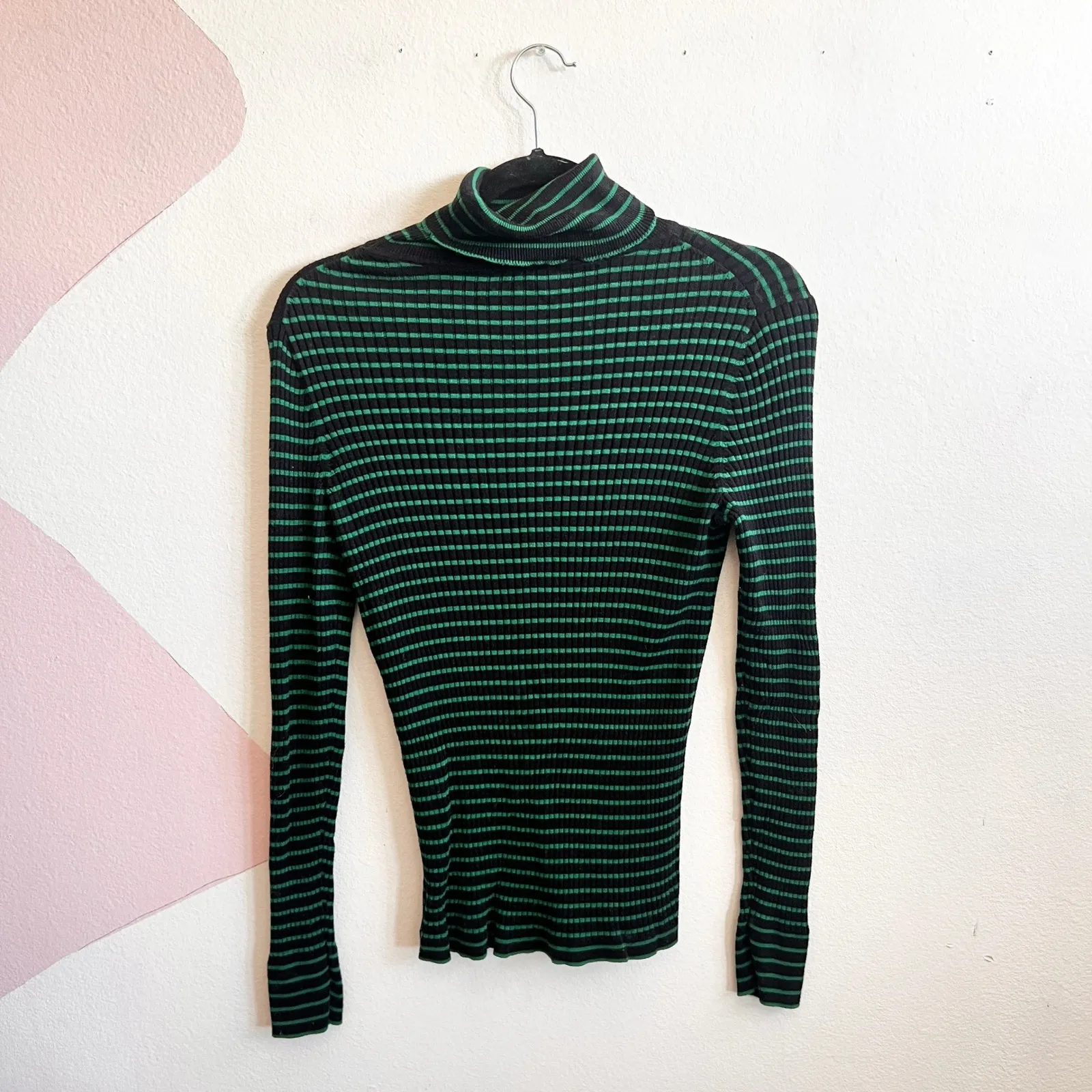 Talbots Striped Turtleneck Sweater Preppy Classic Casual Green Medium - Image 2