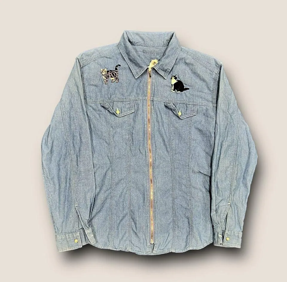 Vintage 90’s Embroidered Cats Denim Jean Jacket Blue Size M - Image 8