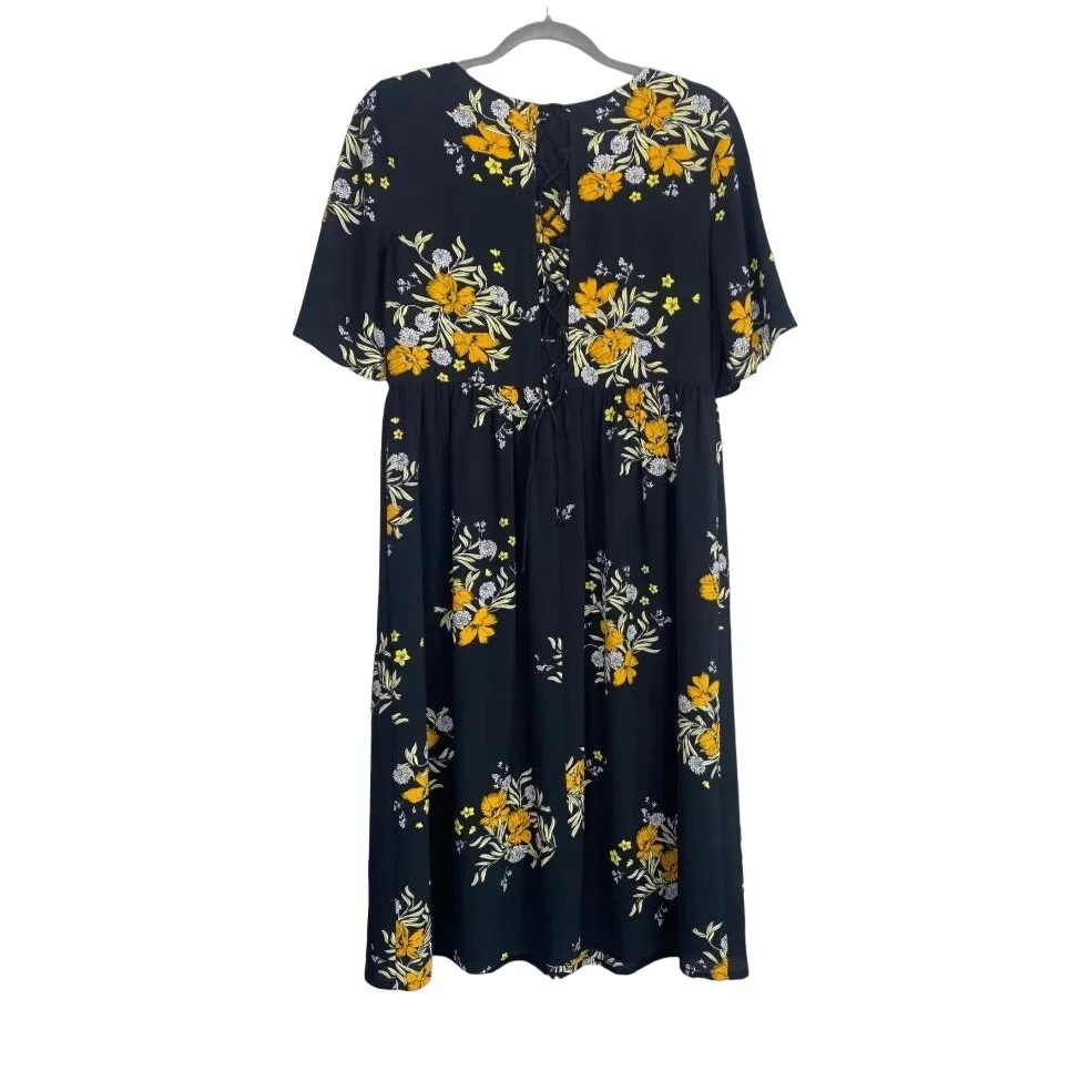 ZARA Floral Lace Up Back Babydoll Midi Stretch Dress Short Sleeve M Black Orange - Image 4