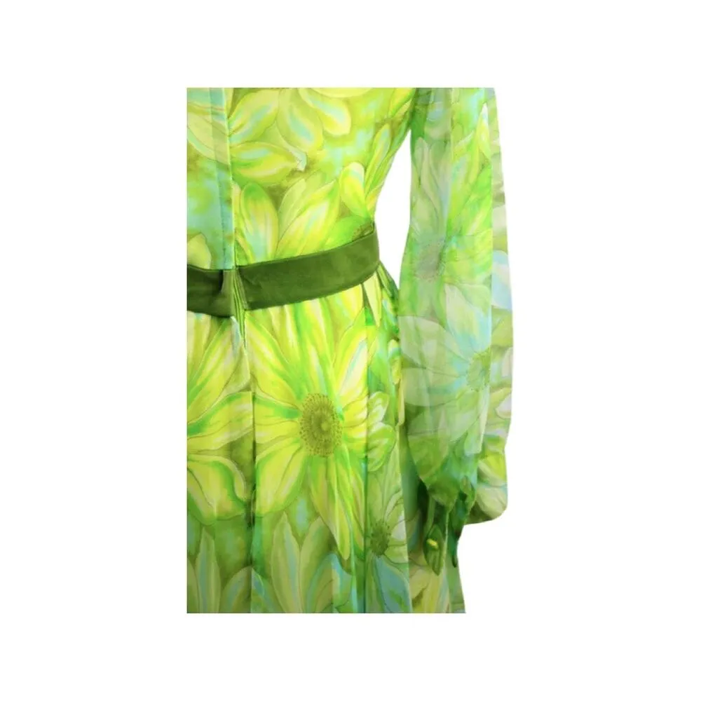 Vintage 1970s Jack Bryan Green Floral Print Chiffon Maxi Dress Medium - Image 6