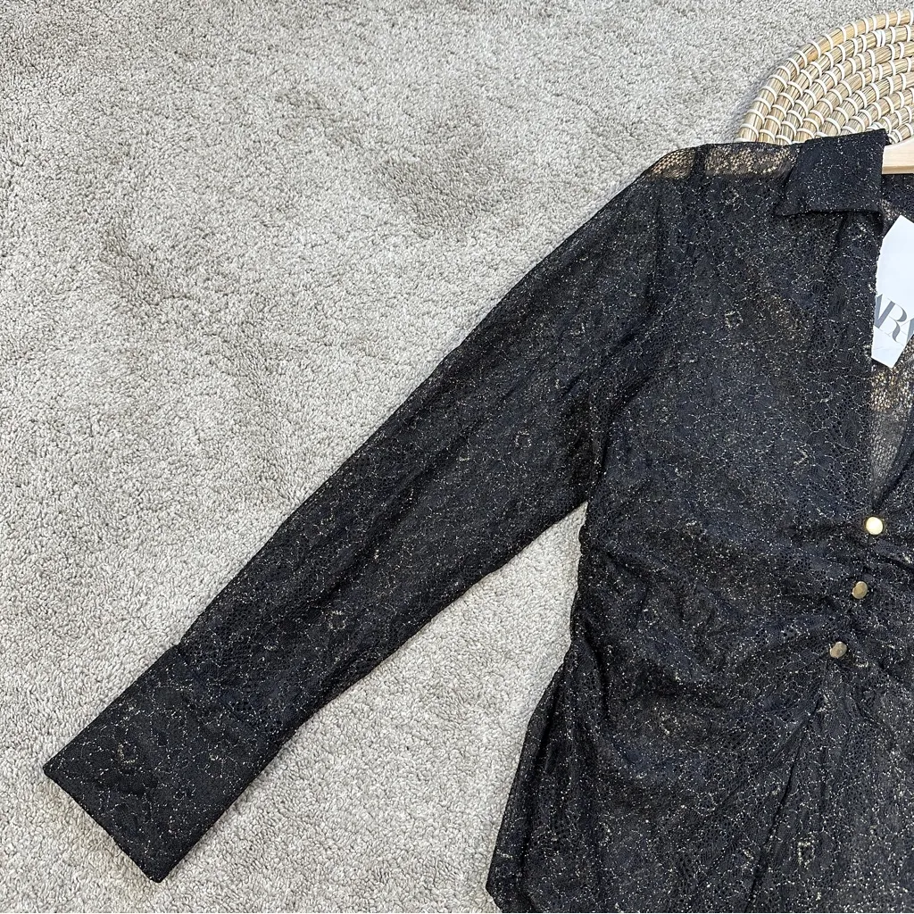 NWT Zara Women’s Ruched Front Lace Blouse Top V-Neck Sheer Shimmer Black Gold M - Image 9