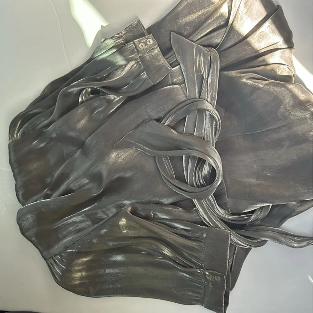 NWOT Zara Metallic Silver Laminated Pewter Wrap Mini Dress Sz XS - Image 11