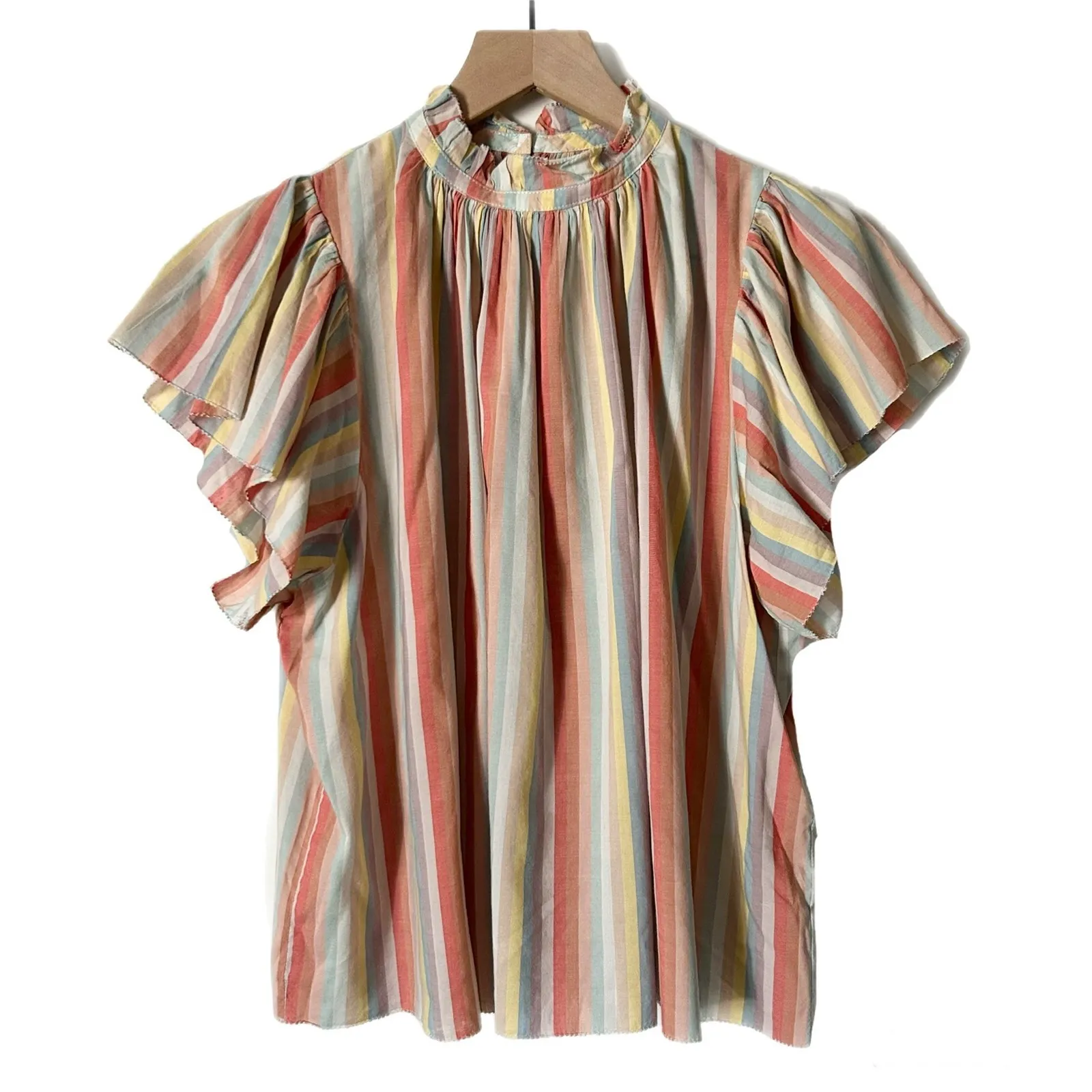 Trovata Birds of Paradis Carla Striped Ruffle Neck Flutter Sleeve Blouse Size XS Red - Image 2