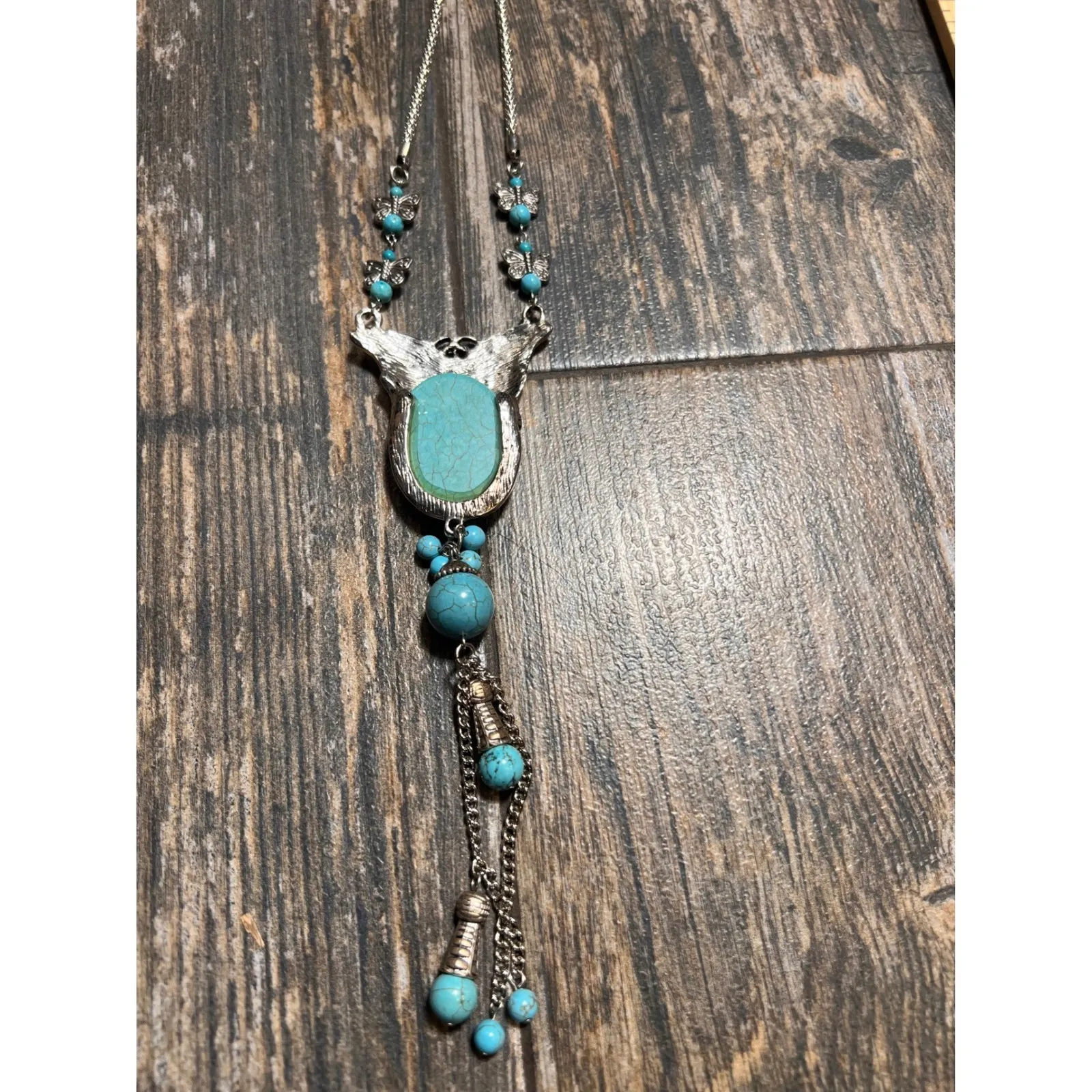 Faux Turquoise Butterfly Lariat Necklace Silver Tone Boho Statement Western Blue - Image 5
