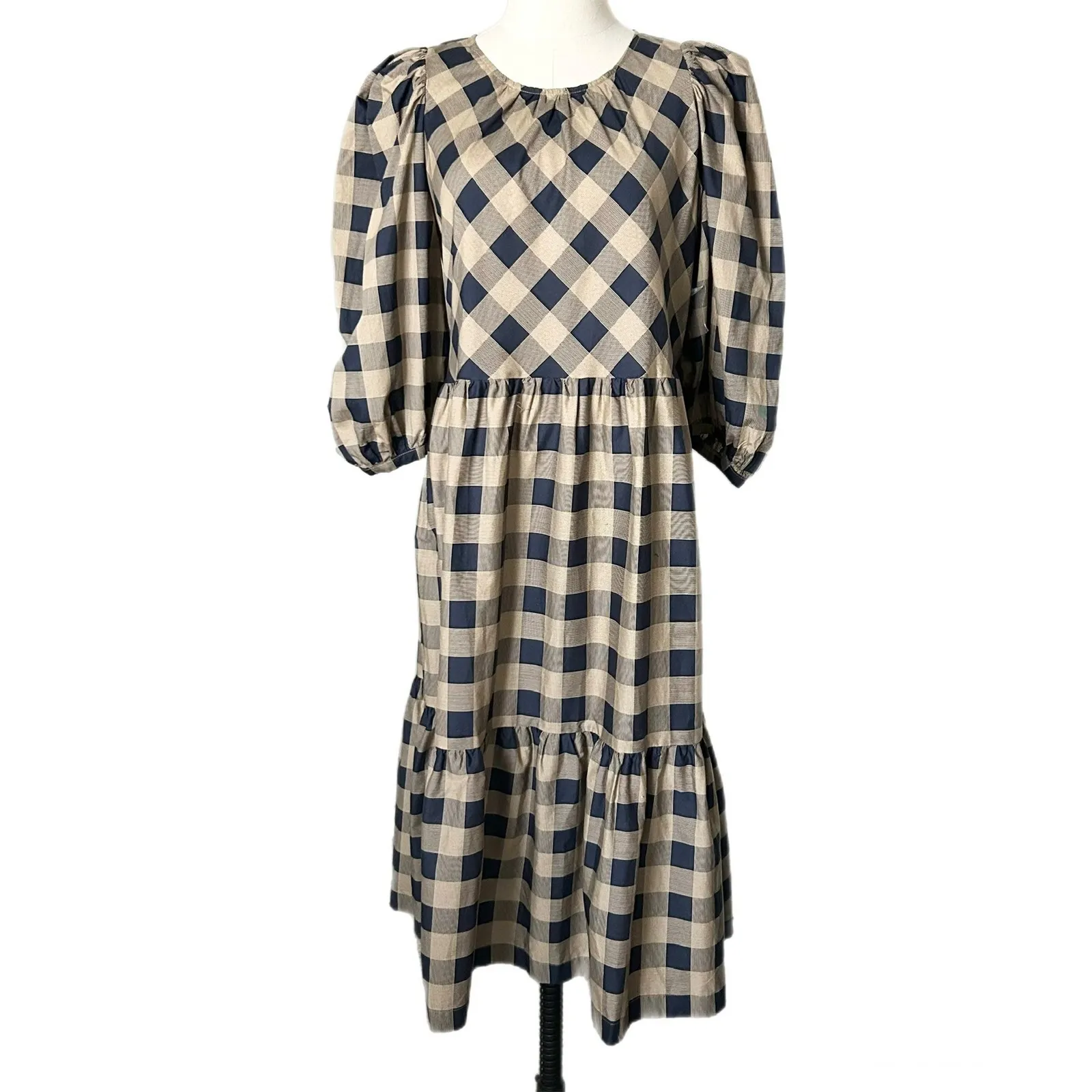 NEW Summersalt The Tiered Midi Dress Buffalo Check Midnight & Toffee Size Medium - Image 3