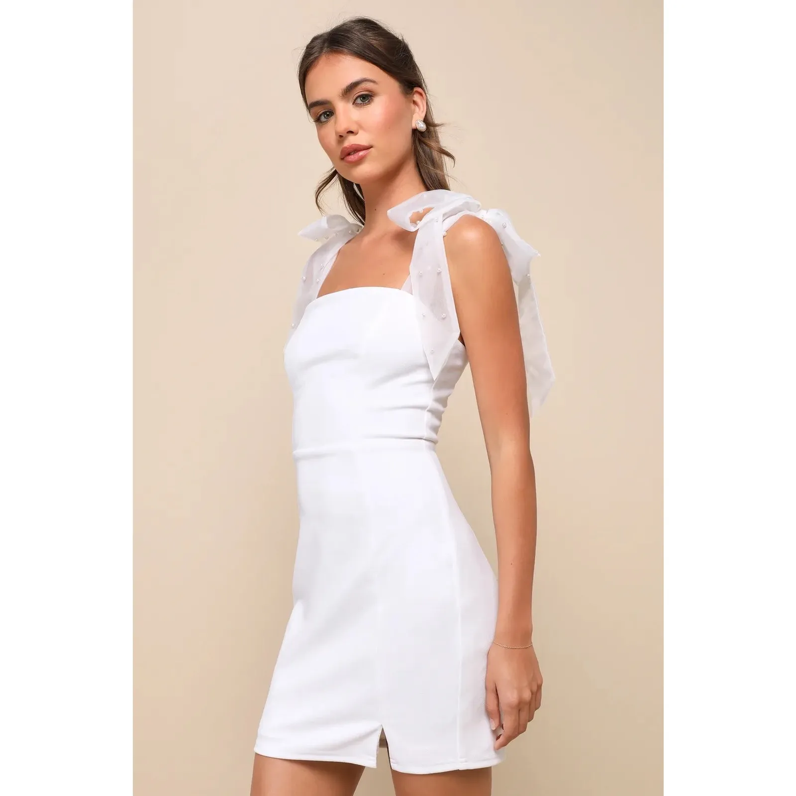 Lulus Beaming Perfection White Pearl Organza Tie-Strap Mini Dress Wedding Sz XL - Image 2