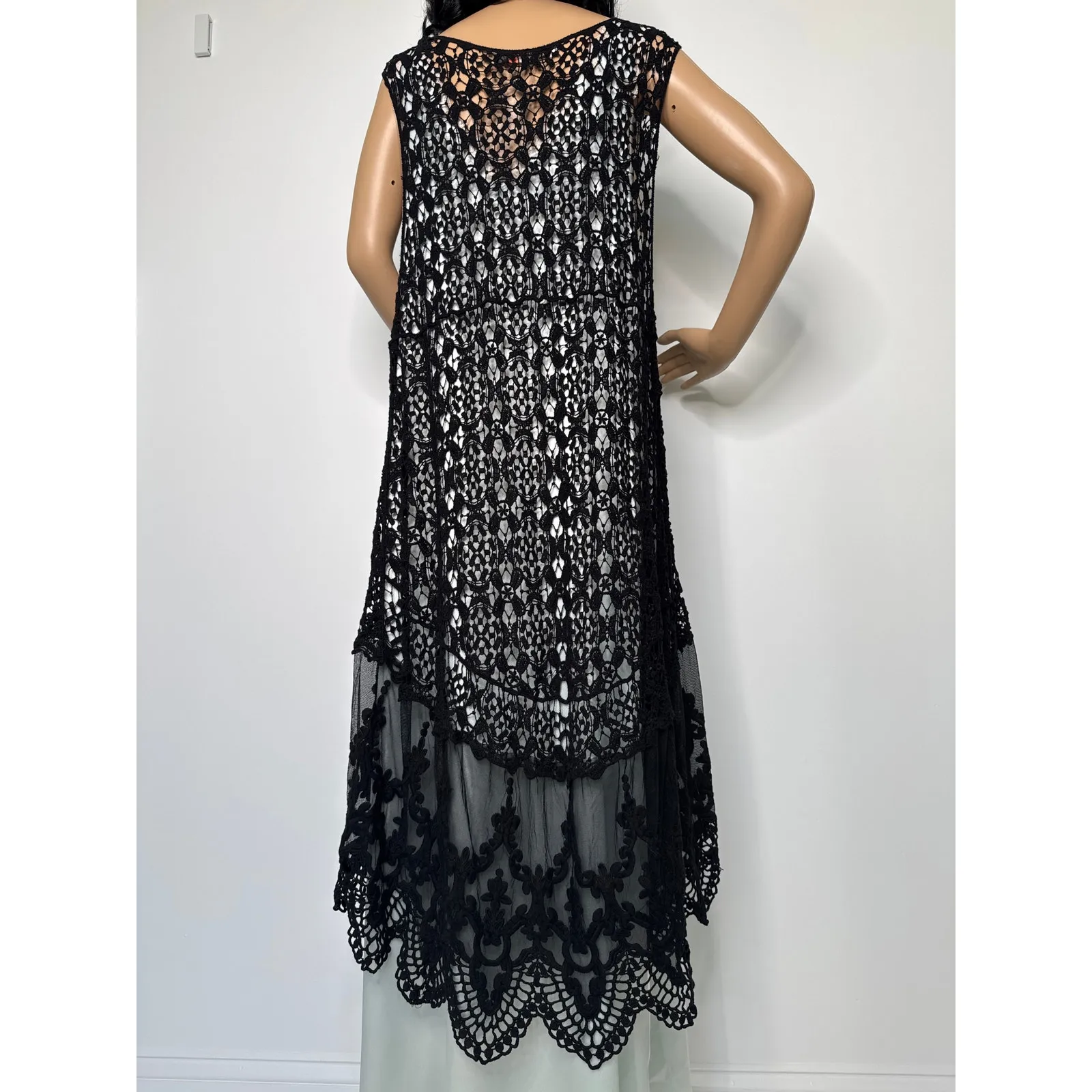 Crochet and lace sleeveless duster black origami by Vivien cardigan medium large - Image 3