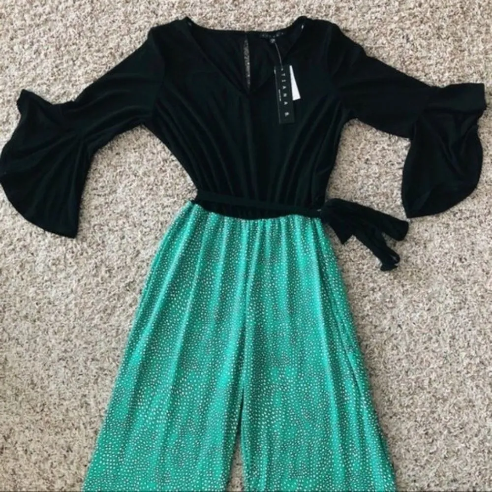 Tiana B. Wide Leg Belted Jumpsuit Black Green White, Size L - Image 4
